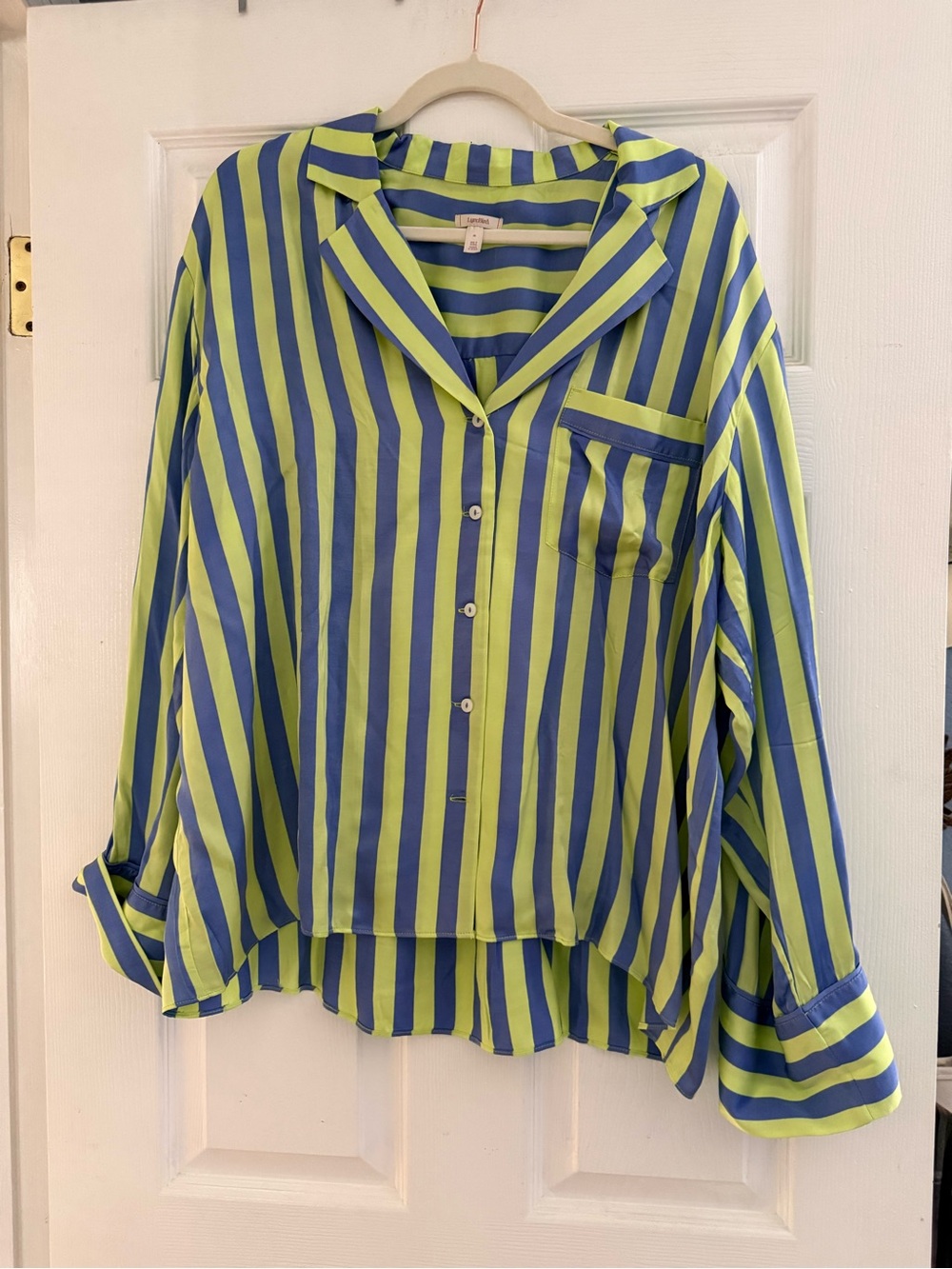 Anthropologie Satin Striped Button-Front Shirt - Lime Green & Blue